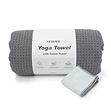 YESLIFE Non-Slip Extra Thick Hot Yoga Towel with One Sweat Towel, Microfiber Sweat Absorbent Yoga Mat Towel with Grip Dot, Pilates Mat, 72" x 24", Grey