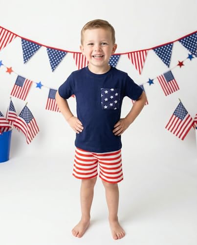 Image of Boys 2pc Shorts Set Outfit Short Sleeve Shirt with Classic Applique Print and Shorts