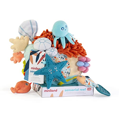 Miniland Sensorial Reef Plush Rattle: Baby Toy & Toddler for Teething, Sensory Development, and Textured Fun - Toty Finalist, Fully Washable Baby Tools for Children
