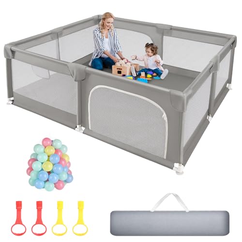Image of Sour Lemon Baby Playpen 79x71 inch Extra Large Playpen for Babies and Toddlers, Baby Fence Play Pen Yard with Safety Gate Fence with 50 Ocean Balls 4 Pull Rings for Kids Indoor Outdoor