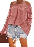 KIRUNDO Women’s Tops Summer Chiffon Off The Shoulder Tops Swiss Dot 3/4 Bell Sleeves Casual Blouse...