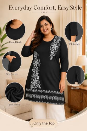 Image of RYSH Women's Plus Size Printed Kurta | Round Neck | 3 /4 Sleeve | Relaxed Fit