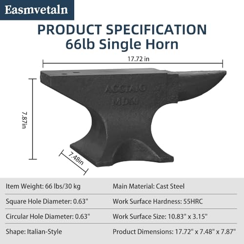 image for Easmvetaln 66Lbs Cast Steel Single Horn Anvil - High Hardness Round Ho