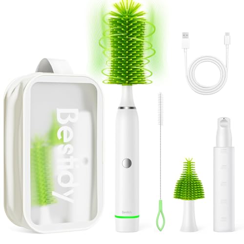 Image of Bestidy Electric Baby Bottle Cleaner Kit for Travel- Rechargeable 360° Rotation Electric Baby Bottle Brush with Replaceable Nipple/Straw Brush, 2-Speed Modes, 50ml Lotion Bottle & Storage Bag, Green