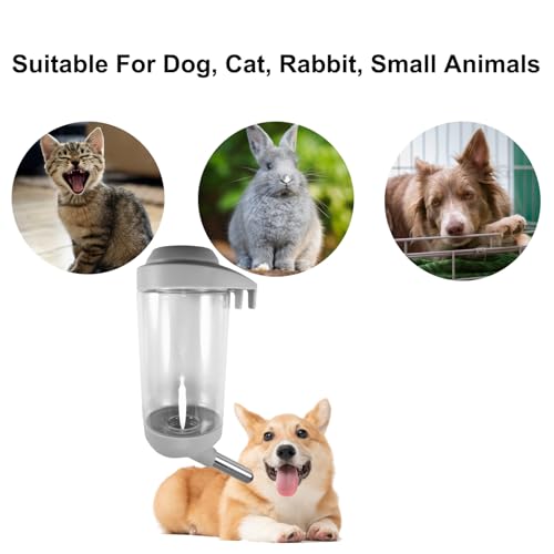 DEEUCHIS Dog Crate Water Bottle - 17 oz No Drip Kennel Pet Water Dispenser, Easy-to-Use Cage Water Bottle for Dogs, Cats, Small Animals, 500ML, Grey