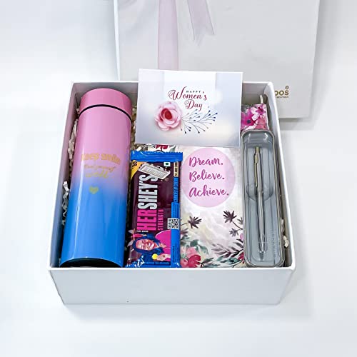 Image of Women's day gift ideas for colleagues with Temperature water bottle, Greeting card, Chocolates and more | women's day gift hampers | womens day gift for employees | women's day corporate gifts