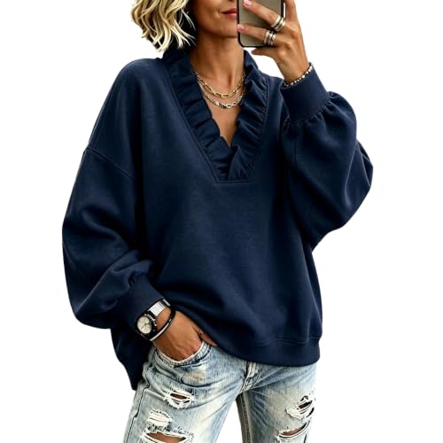 Elneeya Oversized Sweatshirt for Women V Neck Ruffle Casual Fall Sweatshirt - image 1