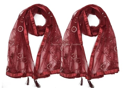 Dupatta for Women/Girl Soft Light weight Embroidered with Sequins Set of 2 Net Chunni/Dupatta/Neck Scarf Burgundy 85x44 Inch - 2 Piece