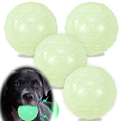 LECHONG 4-Pack Glow in The Dark Squeaky Dog Balls Durable Glowing Bouncy Rubber Fetch Toy Balls for Small Medium Dogs Puppy Nighttime Playing Indoors and Outdoors