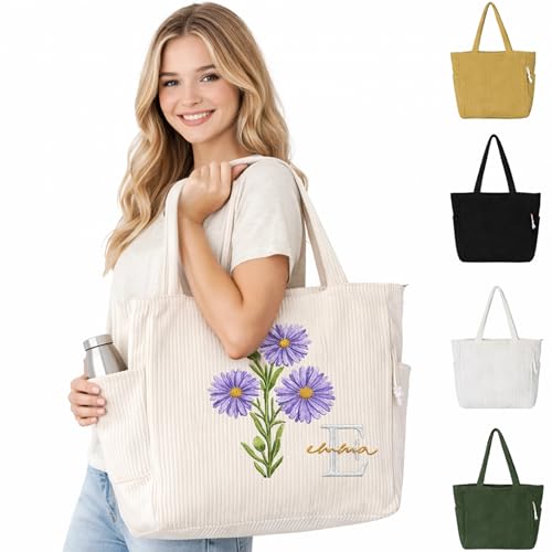 Personalized birth month flower corduroy tote bag