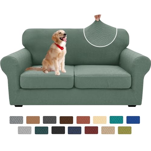 XINEAGE New 3 Pieces Couch Covers for 2 Cushion Sofa Super Stretch Loveseat Slipcover Pet Dog Universal Slip Cover Anti Slip Love Seat Furniture Protector (Pea Green, 55"-69")