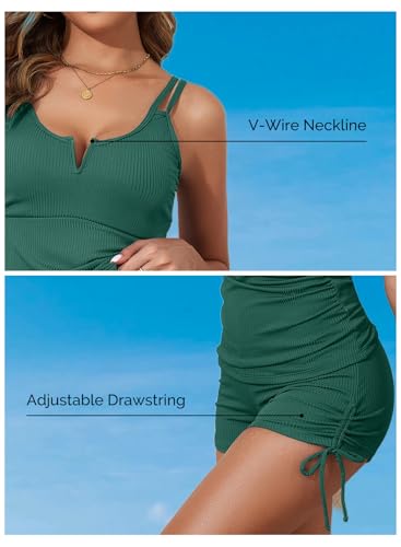Image of Aleumdr Women's Two Piece Tankini Swimsuit Tummy Control Bathing Suit V Neck Swim Tank Top with Boyshorts