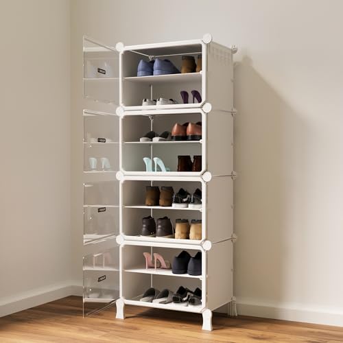 Image of BOXJOY 8 Shelf White Shoe Rack for Home with 4 Transparent Doors, Hard PET Plastic with Metal Door Frame, Shoe Chappal Slipper Sandals Stand