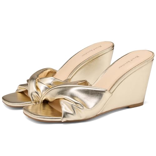 Image of Women's Wedges Heeled Slippers Fabric Heels Slip on Comfy Evening Dress Woven Sandals Square Toe Shoes for Women 3.3 inch Heels