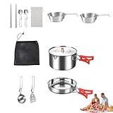 Juego De Cocina para Senderismo,Acero Inoxidable Olla Sartén Y Utensilios | Juego De Olla Y Sartén para Camping con Bolsa De Transporte - para Cocina Exterior Jardín Senderismo Mochilero