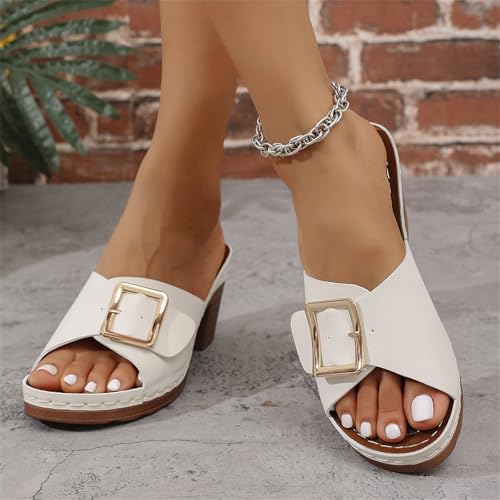 Womens Slide Sandals Wide Width Summer Non Slip Casual Slippers Comfortable Low Chunky Heel Dress Heels with Metal Buckle Wedges Sandals4