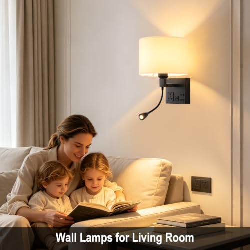 Image of Plug in Wall Sconces with Reading Light, Wall Lamp Bulb Included | Wall Lights for Bedroom Living Room, Headboard with 3 Color Temperature, Bedside Lamp with AC Outlet & USBA+C Charging Port