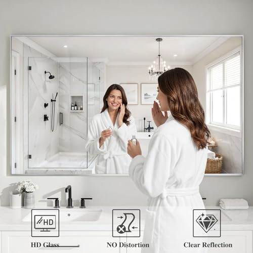 Image of Koonmi Silver Rectangle Wall Mirror, 36x60 Inch Bathroom Mirror, Aluminum Frame Vanity Mirror for Entryway, Living Room, Bedroom Bathroom, Hangs Horizontally or Vertically