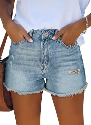 Image of onlypuff Womens Jean Short Cut Off Denim Shorts High Waist Ripped Distressed Stretchy