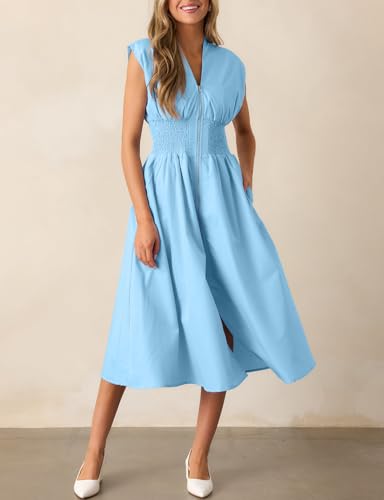 Image of FANCYINN Summer Casual Womens Maxi Dress Sleeveless V Neck Waist Aline Front Zipper High Slit Flowy Long Dress Pockets