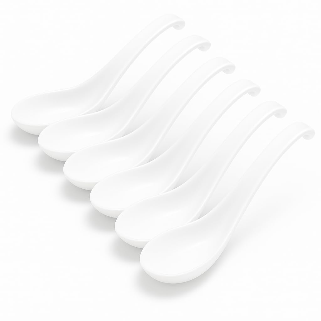 KOLIBROX Asian Soup Spoons Set - Durable Melamine Spoon for Ramen, Miso, Japanese & Chinese Soups - Comfortable Grip, Dishwasher Safe & Long-Lasting - Perfect for Home & Restaurant Use | One Set/ 6PCS