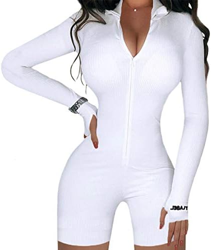 HODMEXI Women Embroidery Zipper High Neck Long Sleeve Bodycon Jumpsuit Shorts Rompers Party Clubwear Outfits Bodysuit (White, M)