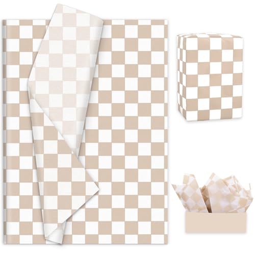 Whaline 100 Sheets Checker Tissue Paper Beige White Checkerboard Wrapping Paper Plaid Decorative Art Papers for Birthday Baby Shower Wedding Party DIY Crafts 14 x 20 Inch