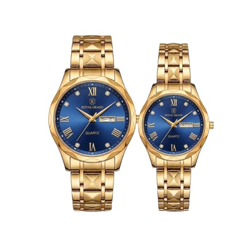 Image of MINI @ MAXX Unisex Adult Couple Watch Set His & Her Matching Watches with Luxury Diamond Accents-Two-Tone Silver Strap,Blue Dial Valentine's Day Stainless Steel Original Quartz Watch Lovers Set