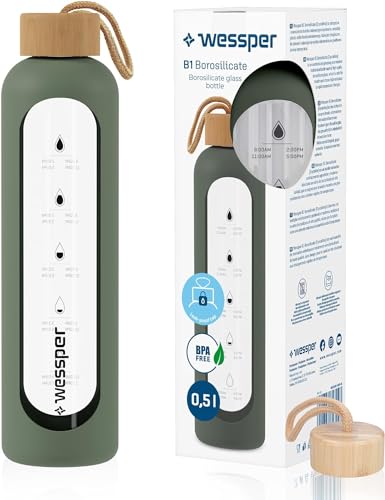 Wessper Bouteille a eau 500 millilitres, Bouteille de Motivation avec échelle D'hydratation, Gourde pour eau en Verre Borosilicaté avec étui en Silicone, Matériau Sans BPA – Olive