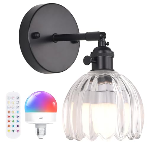 Image of Shenmoyl Vintage Battery Operated Wall Sconce with Transparent Tulip Glass Lampshade Rechargeable Battery Powered Black Wall Light with Remote Control for Bedside Bedroom Doorway