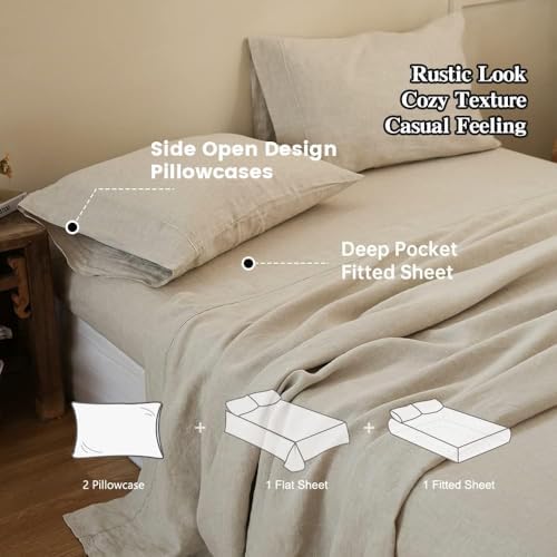 Simple&Opulence 100% Linen Sheet Set with Embroidery Washed - 4 Pieces (1 Flat Sheet & 1 Fitted Sheet & 2 Pillowcases) Natural Flax Soft Bedding Breathable Farmhouse - Linen, Queen Size - Thumbnail 3