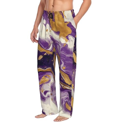 Novastar Mens Pajama Pants Bottoms with Pockets- Purple Gold Marble Swirls Soft Men Pj Pants, Comfy Men Lounge Pants