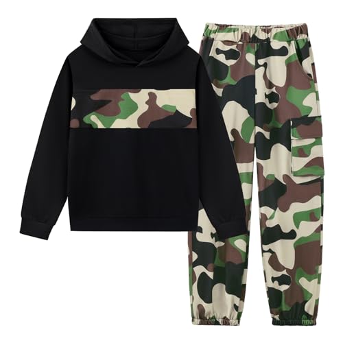 Boys Clothes Colorblock Pullover Hoodie Sweatshirt Tops and Camouflage Sweatpants 2Pcs Fall Winter Outfits Set 6-14 Years