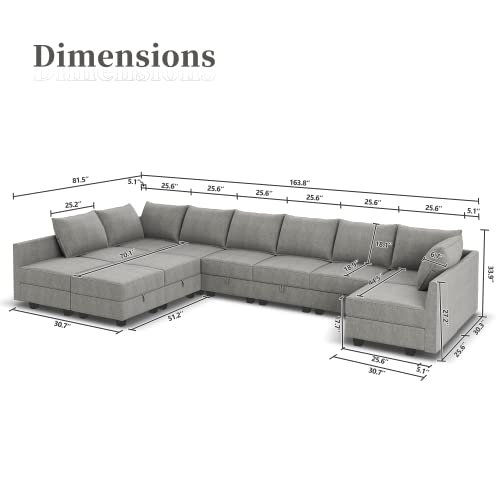 Honbay Convertible U Shaped Modular Sofa Sectional Modular Couch With Chaise Oversized Sofa Sleeper Couch For Large Living Room,Grey #TOP1