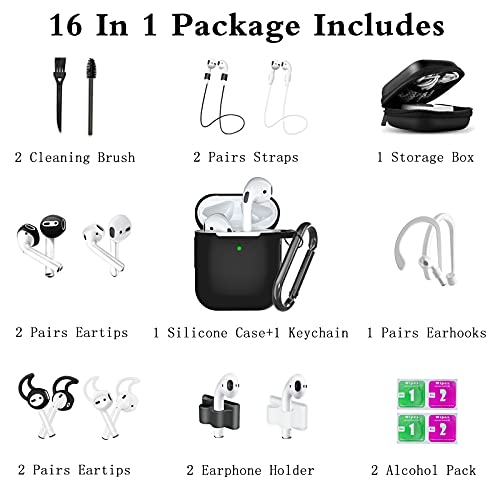 Airpods Case,16 In 1 Airpod 1&2 Accessories Set Anti-Lost Straps With Keychain/Apple Watch Band Holder/Airpod Ear Tips/Ear Hooks/Carry Case For Apple Airpods Silicone Cover For Girls/Women/Men(Black) #TOP7