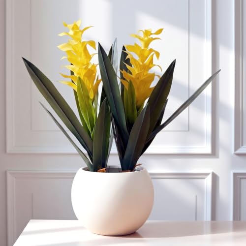 AmoraDec Artificial Bromeliad Plants,18 in Tropical Flowers, 2 Pcs (Yellow)