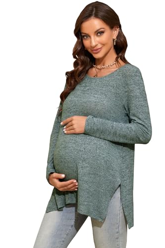 Image of Smallshow Women's Maternity Shirts Side Split Long Sleeve Pregnancy Tops Clothes