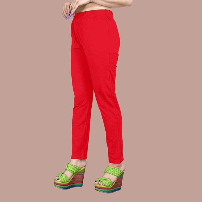 Image of Women's Solid Cotton Lycra Pants-High Waist Slim Fit Stretchable Leggings - Comfortable Long Trousers for Casual, Office & Everyday Wear