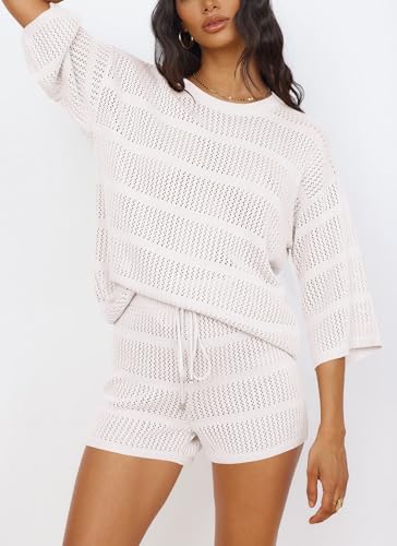 PRETTYGARDEN Women's Summer 2 Piece Cover up Knit Swimsuit Short Sleeve Tops Shorts Sets Bathing Suit Beach Outfits4