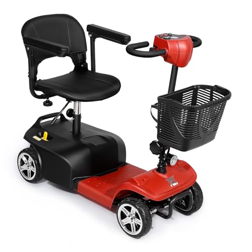 FWFFWF Mobility Scooter, 4 Wheels Rechargeable Electric Scooter for Adults and Seniors W/Lights,Removable Basket, Rotating Seat and Cup Holder, Red