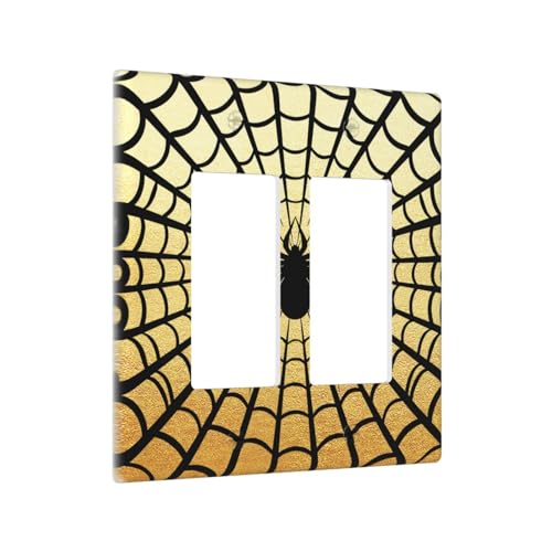 Decorative Outlet Covers Black Spider Spiderweb on Golden Background 2 Gang Light Switch Cover Plate Double Rocker Wall Plate Switch Plate Covers Faceplate for Bedroom Home Decor