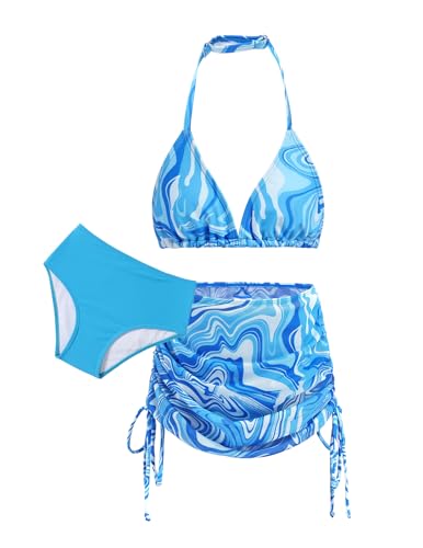 Arshiner Niñas Conjunto de Bikini 3 Piezas Niños Cuello Halter Tankini de Tres Piezas con Falda Verano Impresión Traje de Baño Bikinis para Niñas 9-10 Años