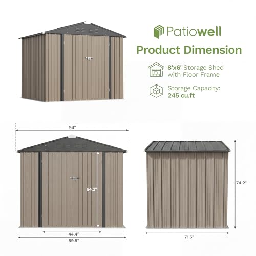 Image of Patiowell 8x6 FT Outdoor Storage Shed with Floor Frame, Metal Garden Sheds