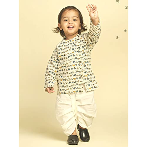 Image of POLKA TOTS Boy's Cotton Full Sleeve Angrakha Kurta with Dhoti Set for Baby Kid, Traditional Ethnic Wear for Kids, Printed Dhoti Kurta Set with Round Neck for Boy's