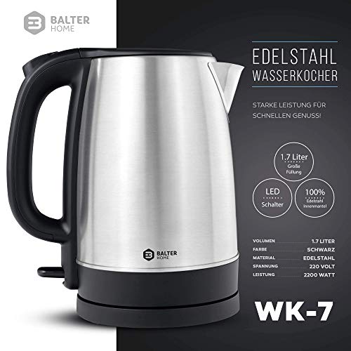 Foto von Balter Wasserkocher Edelstahl WK-7, 1,7 Liter, elektrischer Wasserkocher, 2200 Watt, Teekocher Kompakt
