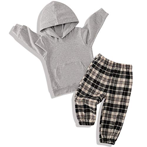 Toddler Baby Boy Girl Outfits Unisex Infant Fall Winter Solid Color Hoodie and Plaid Pants Clothes Sets (Gray, 18-24month)