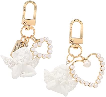 HEYU Cute Keychain for Girls 2PCS Kawaii Aesthetic Accessory Key Chain For Women Cartoon Airpod Backpack Charm Keyring Gifts (Angel Keychain)