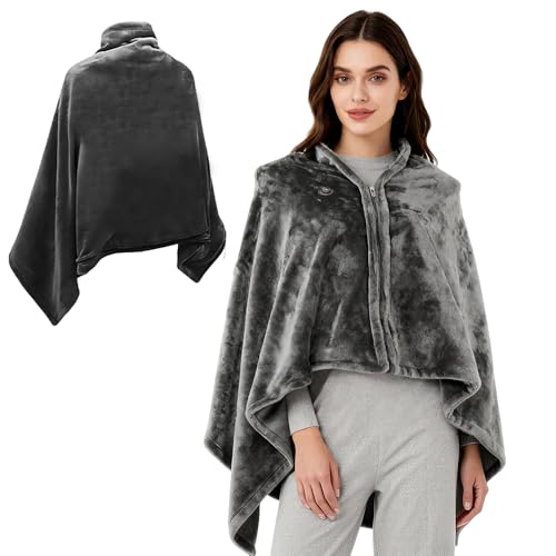 Wxeadu Electric Heated Shawl blanket, 150*80cm Wearable Heated Blanket with Zipper, 8-Zone Heating 3 Heating Temperatures, Portable Heated Shawl, Usb Heated Blanket Camping/Home/Office/Car/Sofa (Grey)
