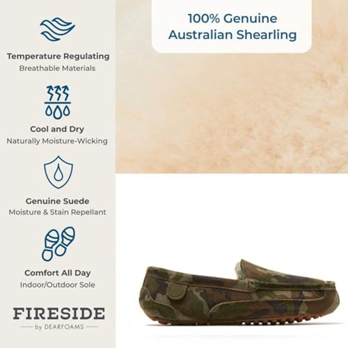 Image of Fireside By Dearfoams Men's Melbourne Genuine Shearling Moccasin Slippers, Memory Foam Sudede Loafers Slip-in House Shoes