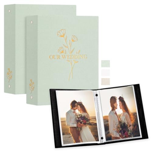 Lanpn Wedding Photo Album 4x6 2 Packs, Each Pack holds 50 Pictures, Slip in Pockets Mini Linen Top Loading Wedding Photo Albums for Portrait Only 4x6 Picture (Flower, Sage Green)